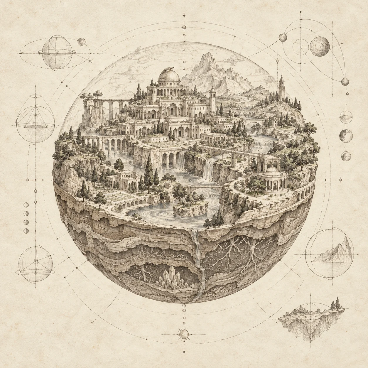 An imagined world drawn as an architectural study: a terraced city, observatory, river and mountains, with roots and geology revealed beneath.